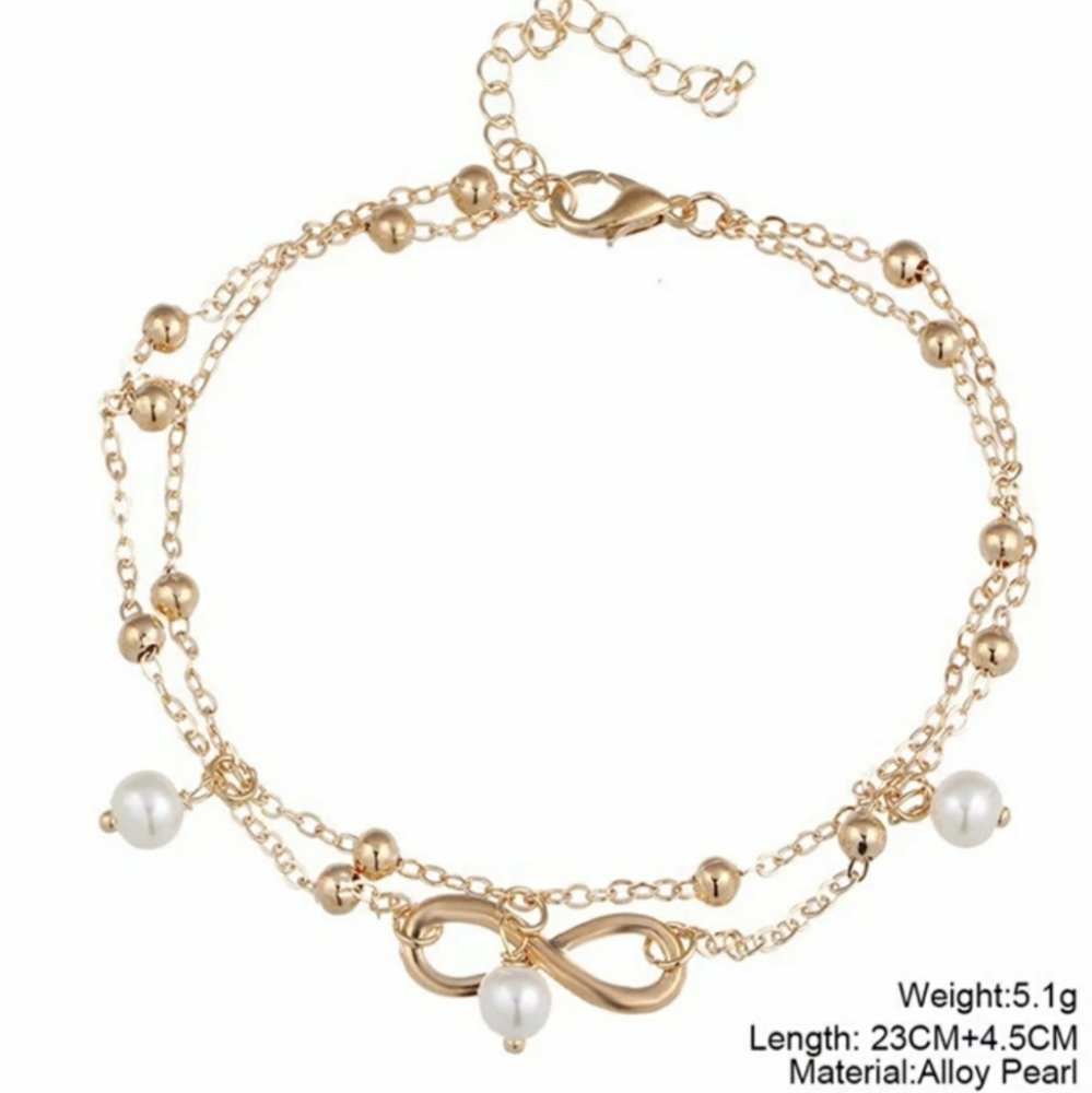 Cutest Gold Double Chain Infinity Pearl Anklet - Picture 2 of 2